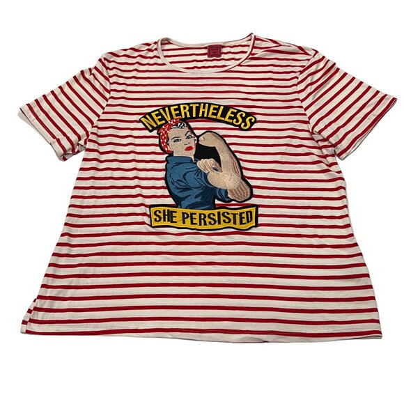 Melissa Masse 'Rosie the Riveter' Striped T-Shirt, USA, Red White, 1X - Picture 1 of 11